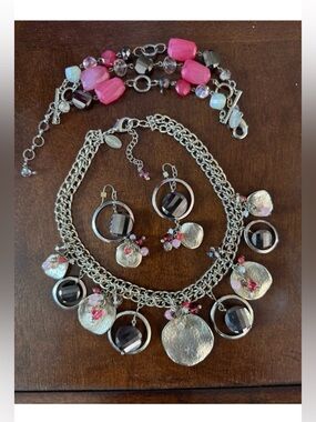 Silver Tone Charm Necklace, Bracelet& Earring Set With Pink & Black Accents